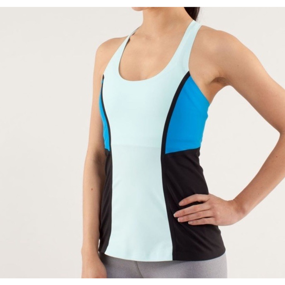 LULULEMON COOL RACERBACK TANK TOP AQUAMARINE/BEACH BLANKET BLUE/BLACK SIZE 4